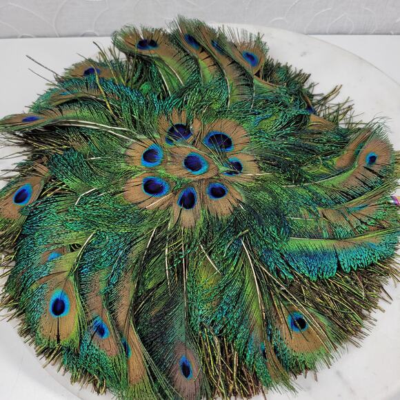 Vintage Peacock Feather Fan Turquoise Green 12" Round Handheld - Picture 1 of 15